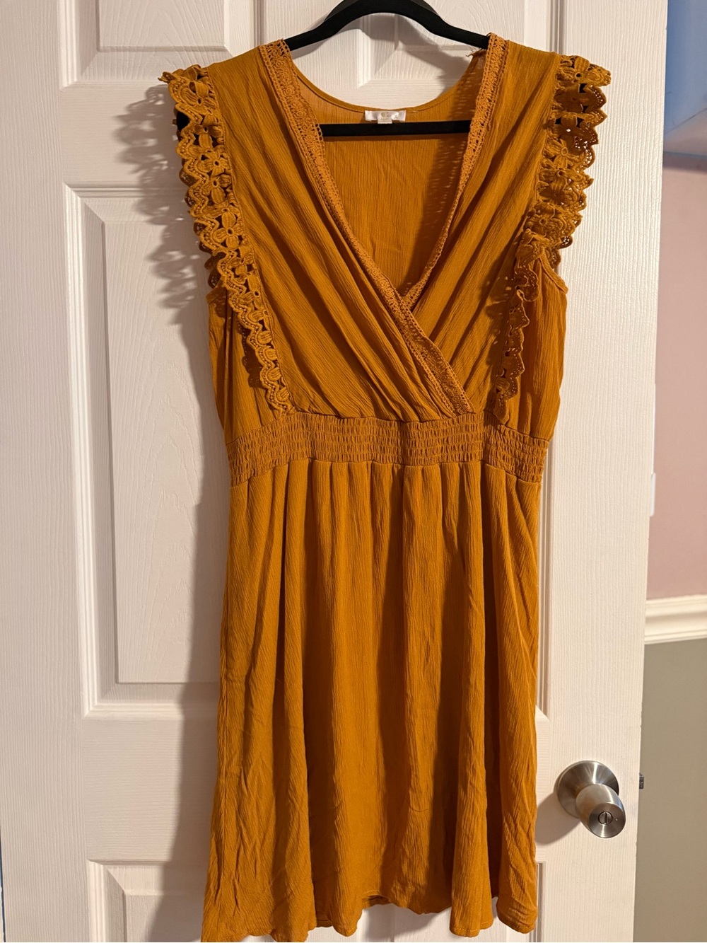 C Mustard Crochet-Trim Sleeveless Wrap Mini Dress